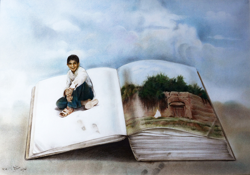 boy-on-book-colored-pencil-on-cardbord-38x55cm-2001